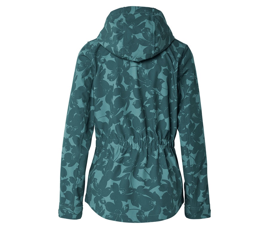 Rückansicht einer blumengemusterten, petrolfarbenen Jacke mit Kapuze und Taillenzug.