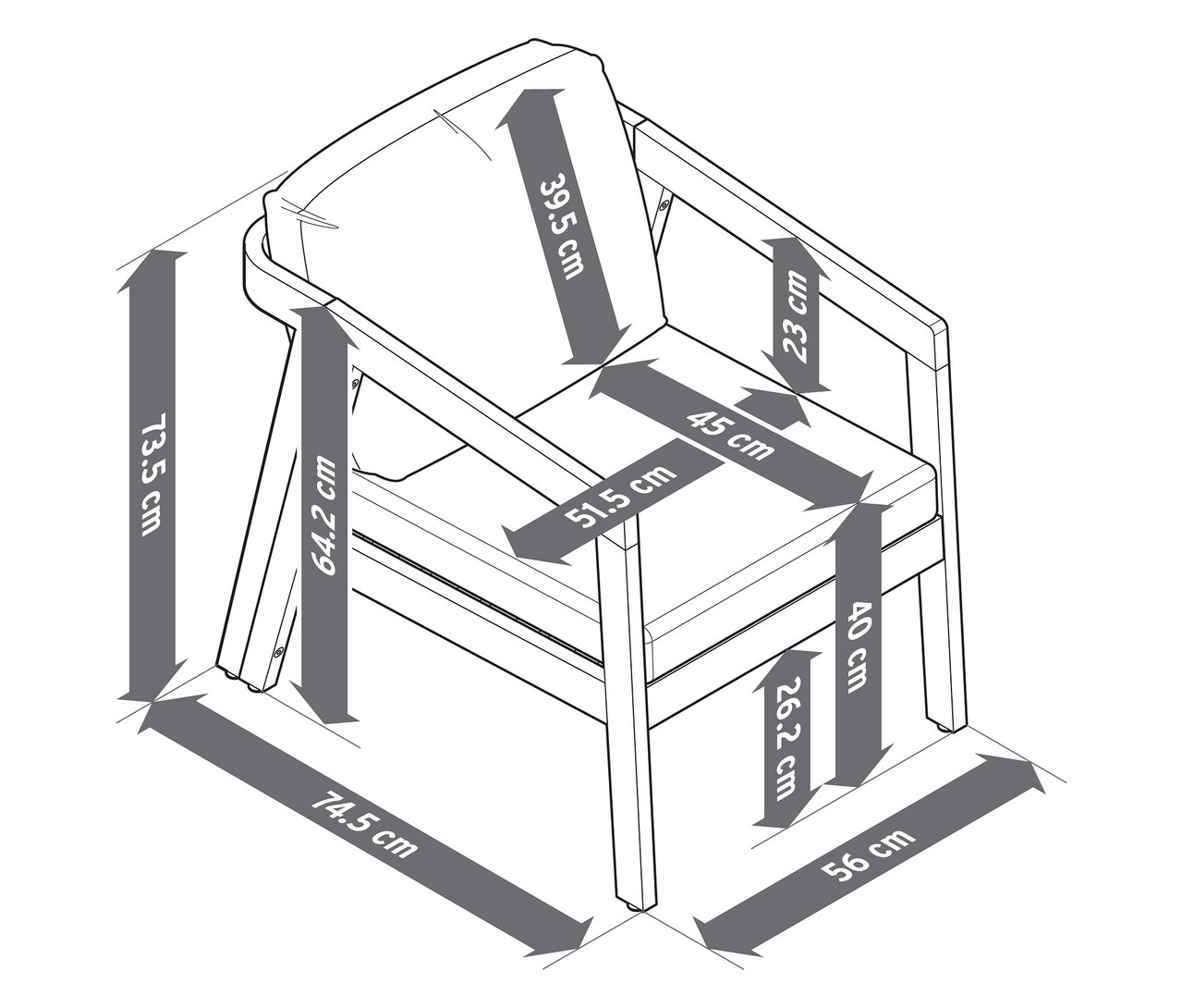 Draufsicht auf einen Garten-Lounge-Sessel mit Textilgeflecht und Maßangaben.