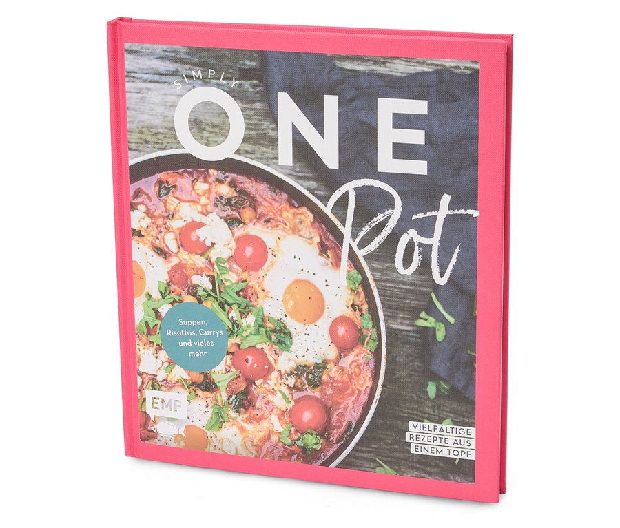Nahaufnahme eines pinkfarbenen Kochbuchs mit dem Titel "Simply One Pot".