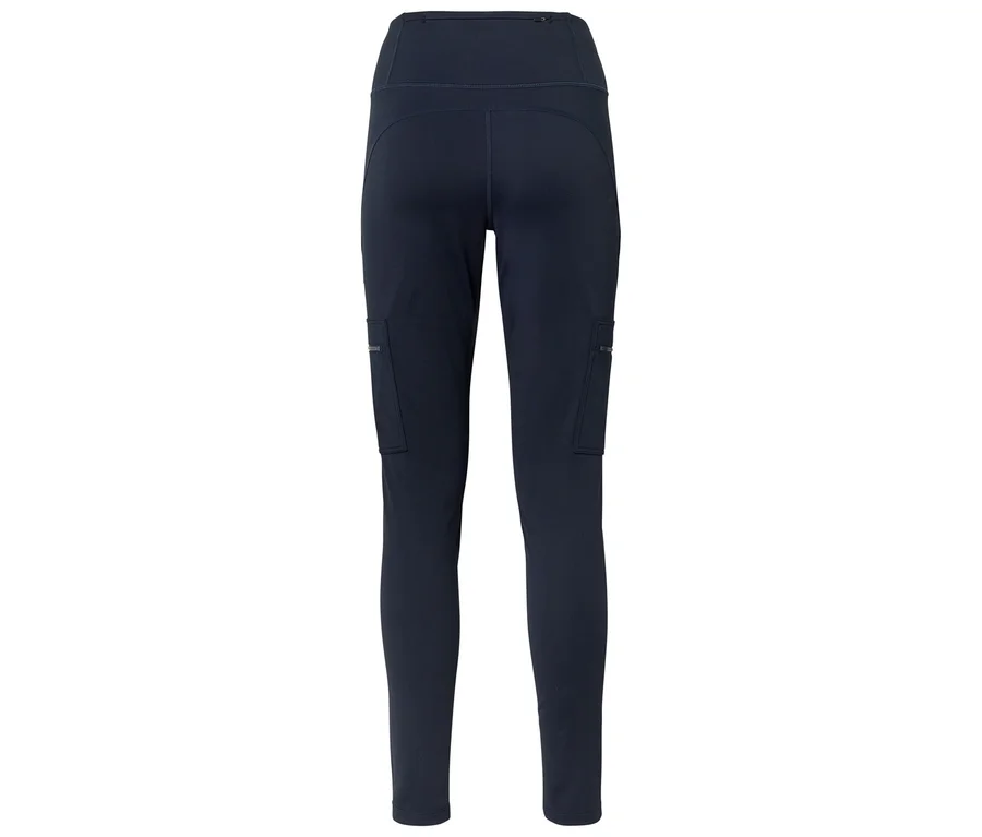 Dunkelblaue Leggings mit hoher Taille, seitlichen Cargotaschen und einer Reißverschlusstasche am Bund.