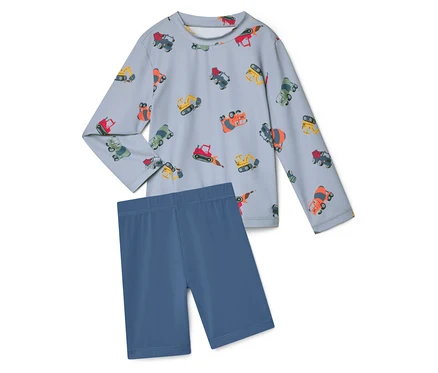 Hellblaues langärmeliges Oberteil mit Baggeraufdruck und dazu passende kurze blaue Leggings.