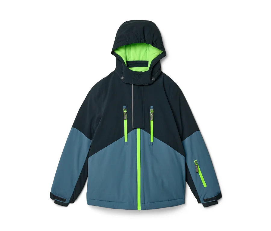 Dunkelblaue und tealfarbene Kinderjacke mit neongrünen Reißverschlüssen und Kapuzenfutter.
