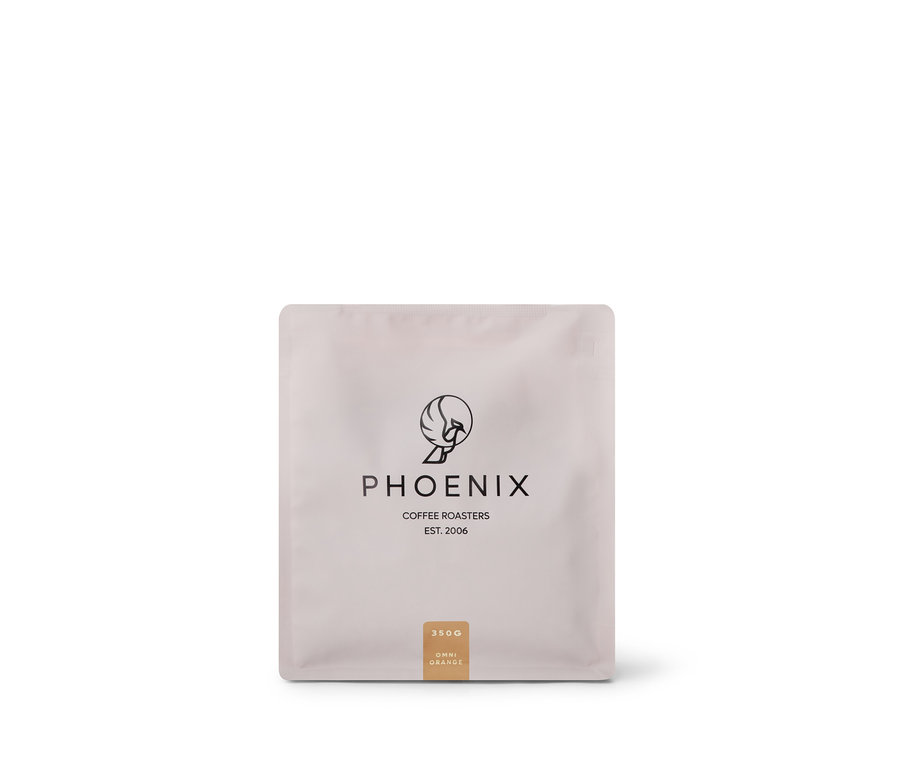 Eine weiße Packung Phoenix - Orange Omni-Roast - 350 g Ganze Bohne.