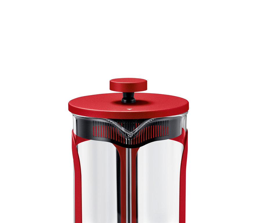 Detailaufnahme einer roten Siebstempelkanne (800 ml, 6 Tassen).