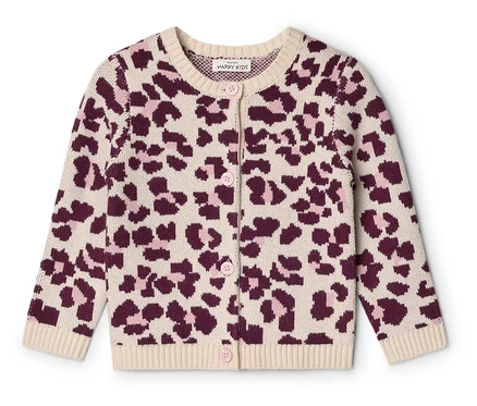 Gestrickter Kinder-Cardigan mit beigem, dunkelrosa und hellrosa Leopardenmuster, Rundhalsausschnitt und rosa Knöpfen vorne.