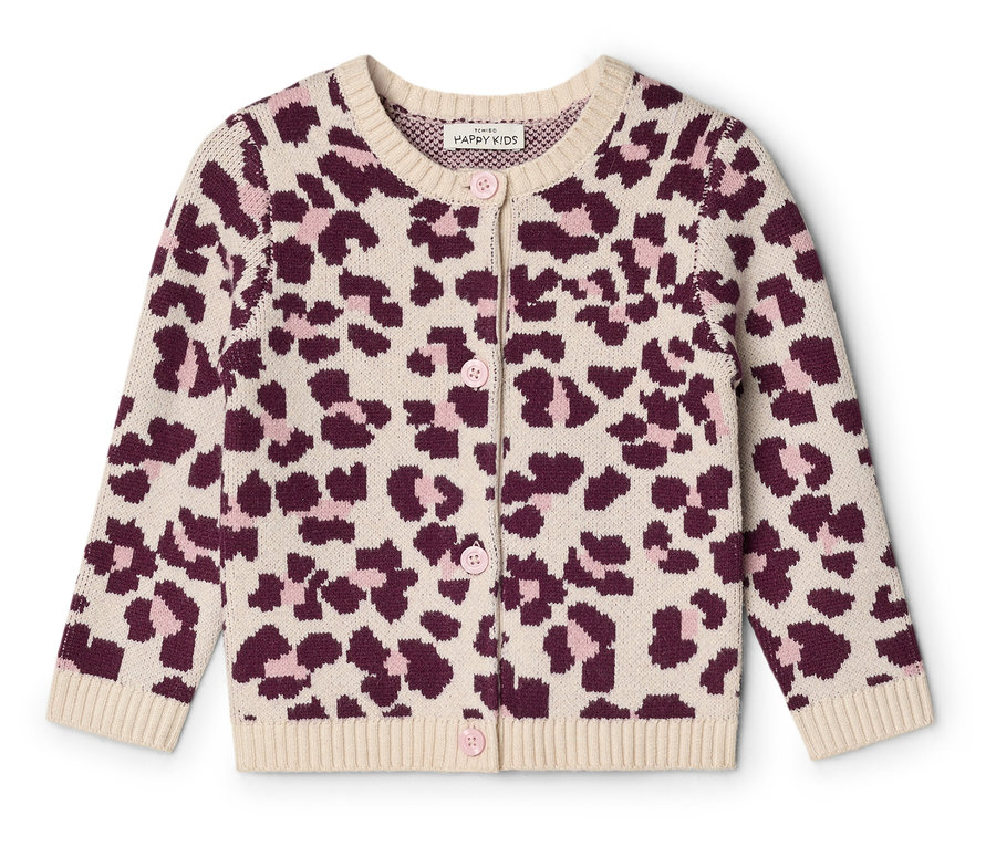 Gestrickter Kinder-Cardigan mit beigem, dunkelrosa und hellrosa Leopardenmuster, Rundhalsausschnitt und rosa Knöpfen vorne.
