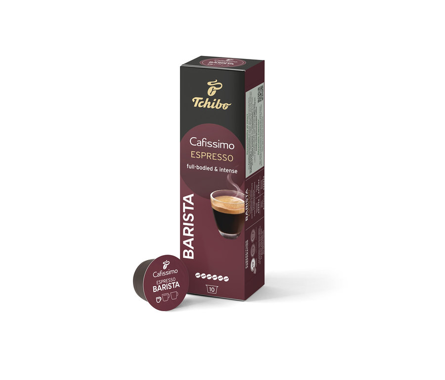 Eine Packung Cafissimo BARISTA Espresso - 10 Kapseln und eine einzelne Kapsel daneben.