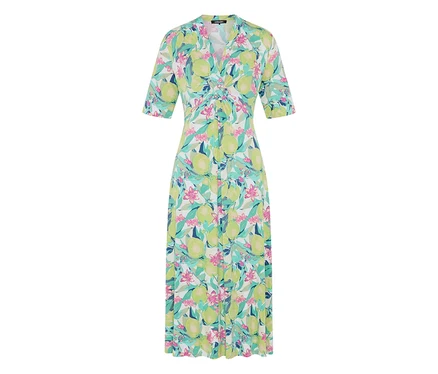 Langes Olsen Jerseykleid mit V-Ausschnitt, kurzen Ärmeln und einem Muster aus grünen Zitrusfrüchten, rosa Blüten und blauen Blättern.