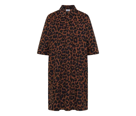 CECIL Cordkleid in Braun mit schwarzem Leopardenmuster, Kragen und 3/4-Ärmeln.