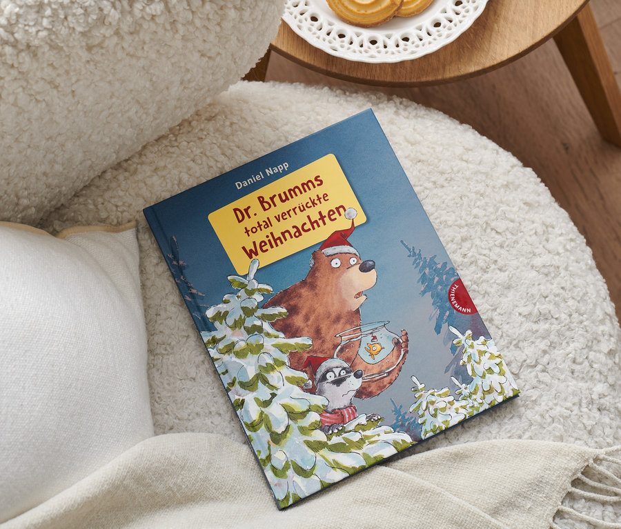 Das Buch »Dr. Brumms total verrückte Weihnachten« liegt auf einem Sessel neben einem Kissen.