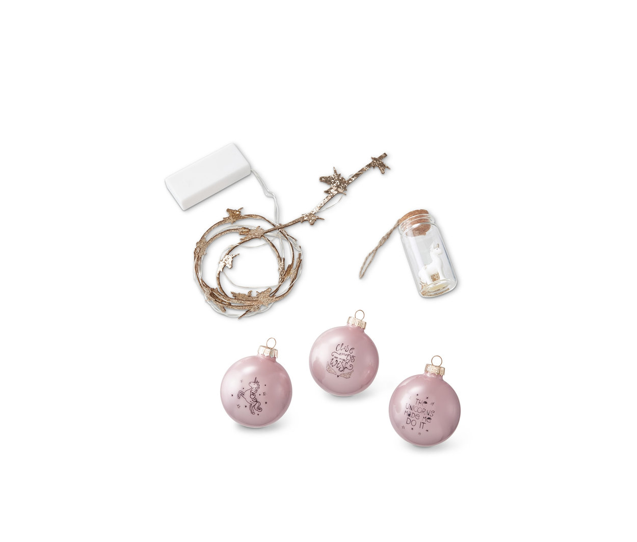Deko-Geschenkset, Einhorn mit Lichterkette, Glas und drei rosa Kugeln.