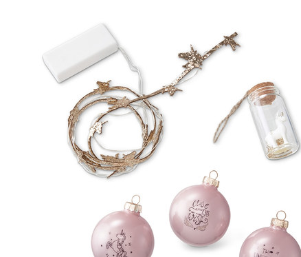 Deko-Geschenkset, Einhorn mit Lichterkette, Glas und drei rosa Kugeln.