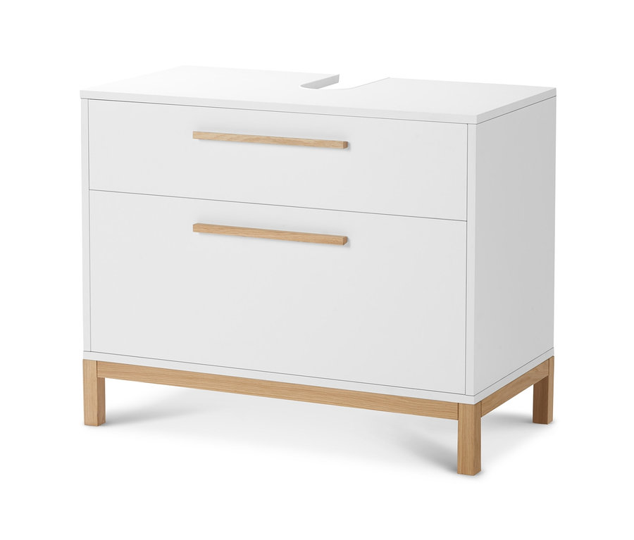 Weißer Waschbeckenunterschrank »Eklund« mit zwei Schubladen.