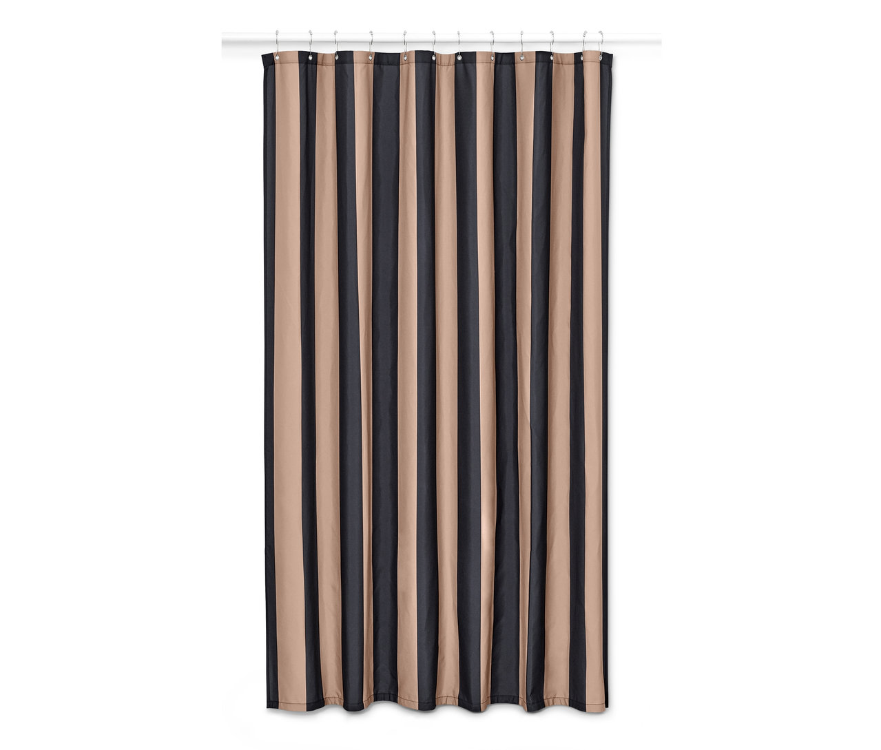 Hochwertiger Textil-Duschvorhang, schwarz-braun mit vertikalen Streifen.