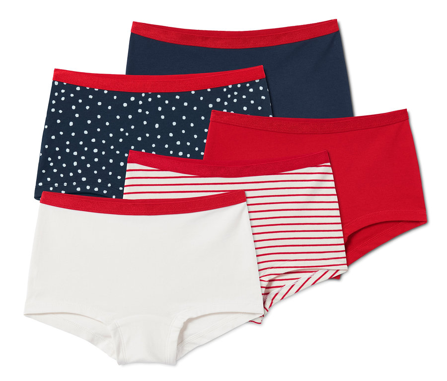 Fünf Pantys mit Bio-Baumwolle in verschiedenen Farben und Mustern.