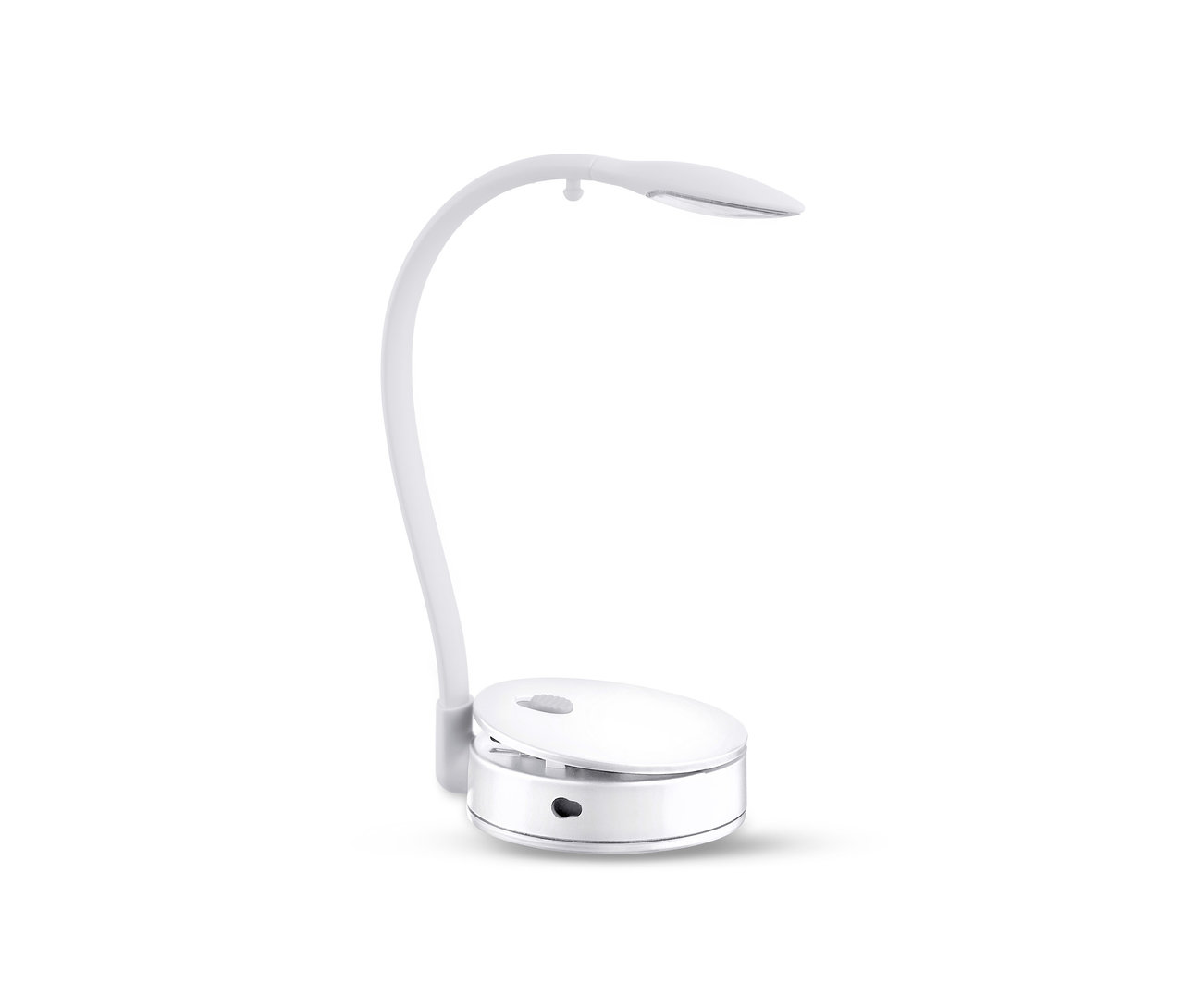 Eine weiße LED-Leseleuchte mit gebogenem Arm und rundem Sockel.