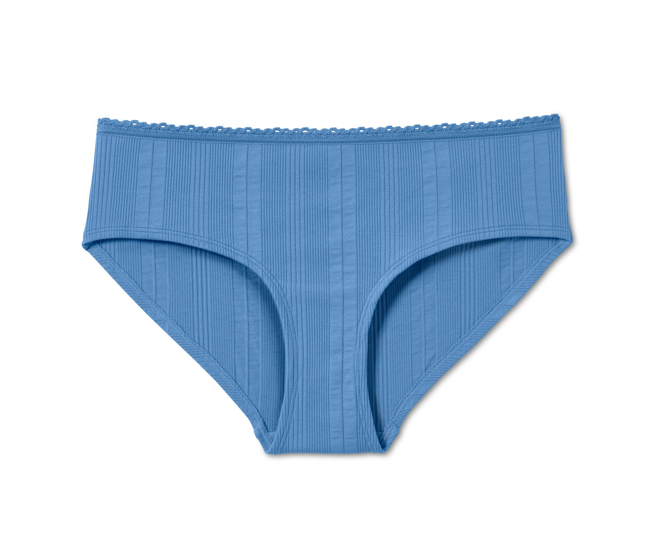 Ein einzelner, hellblauer gerippter Slip mit Spitzenbesatz.