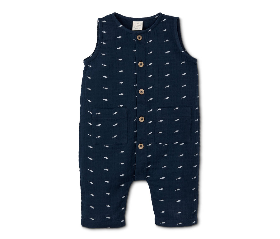 Blauer Baby Baumwoll-Strampler mit Fischmuster, Knöpfen und Taschen.
