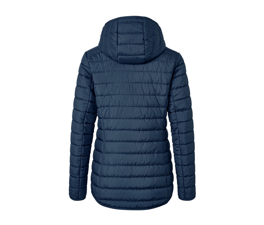 Blaue, wasserdichte Wende-Steppjacke von hinten.