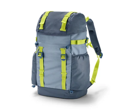 Ein grau-blauer Outdoor-Rucksack mit limettengrünen Riemen.