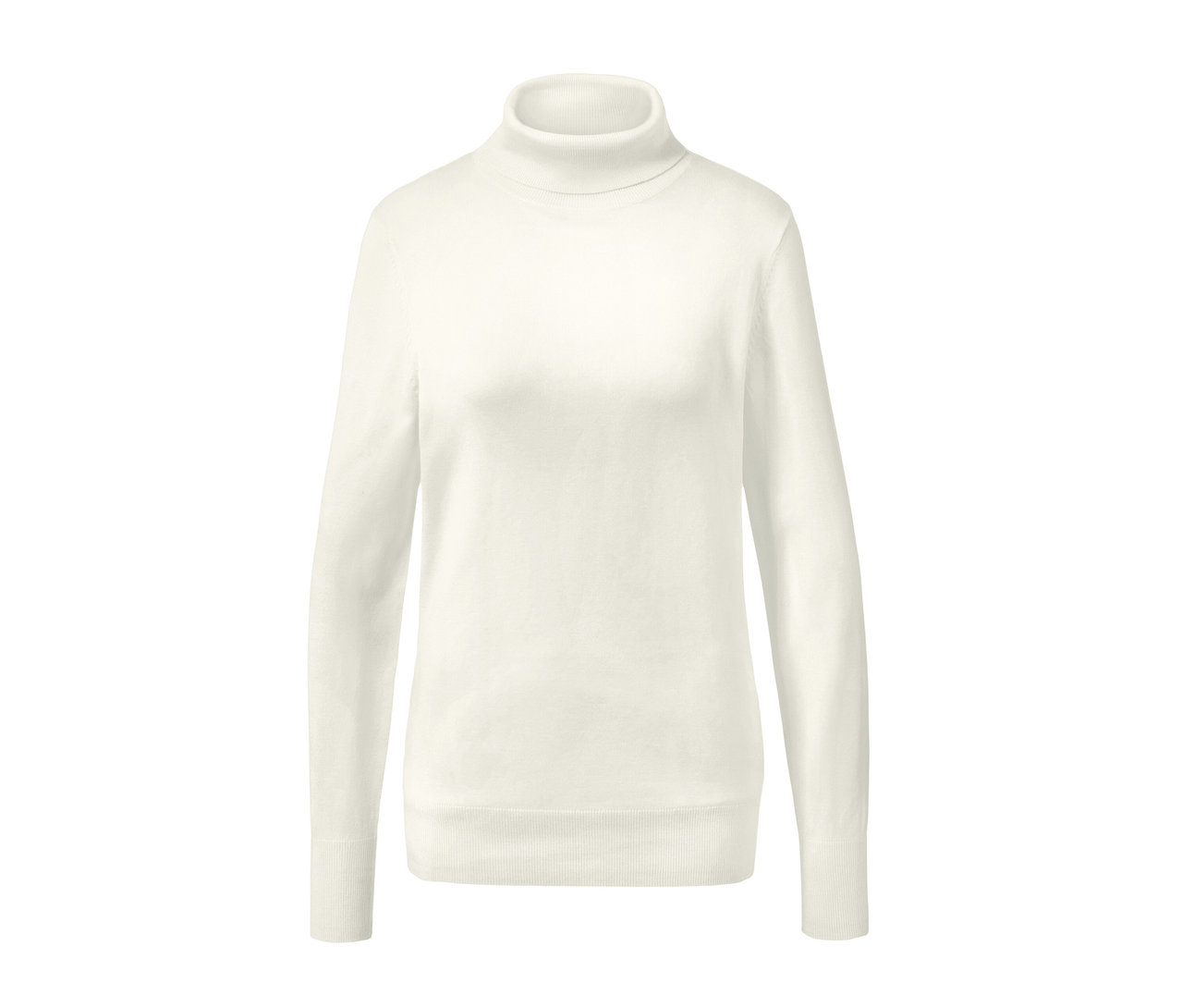 Cremeweißer Feinstrick-Rollkragenpullover.