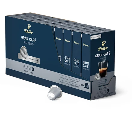 Eine Packung Gran Café Ristretto - 100 Kapseln von Tchibo. Auf der Packung ist eine Tasse Kaffee abgebildet.