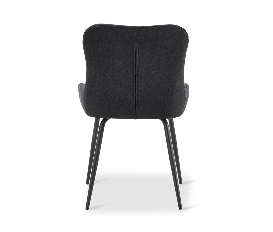 Rückansicht eines anthrazitfarbenen, gepolsterten Stuhls.