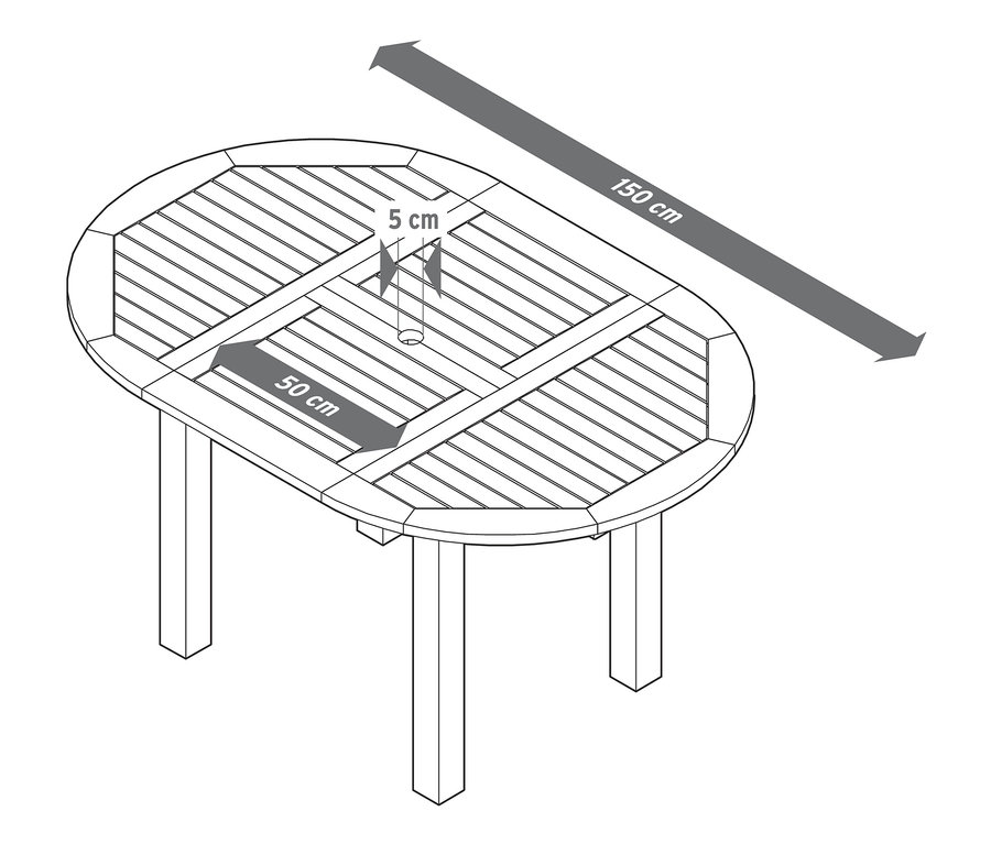Skizze eines runden Ausziehtisches mit Maßangaben.