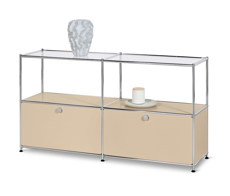 Beiges Sideboard Metall »CN3« mit 2 Klappen und Glasböden.