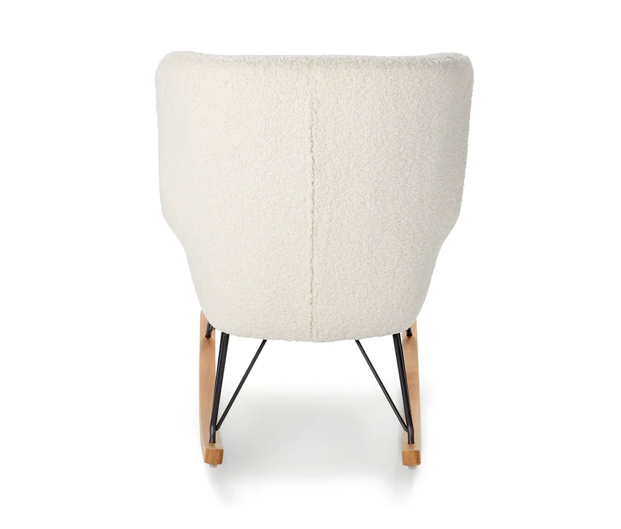 Rückansicht eines Schaukelstuhls mit Bouclé-Stoff.