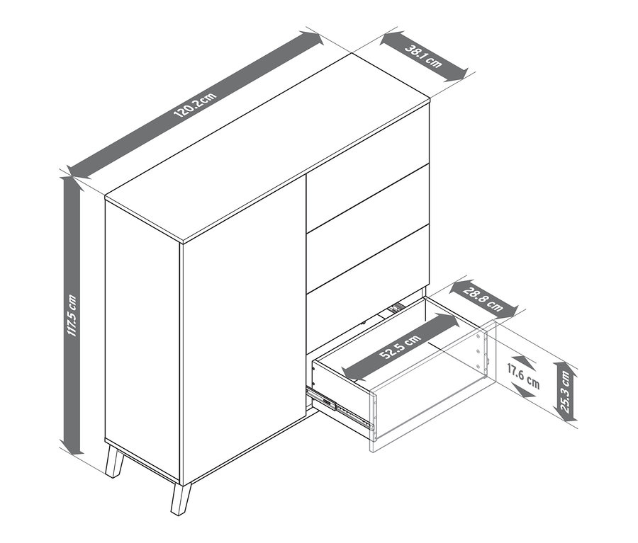 Zeichnung einer Kommode mit offener Schublade und hervorgehobenen Abmessungen.