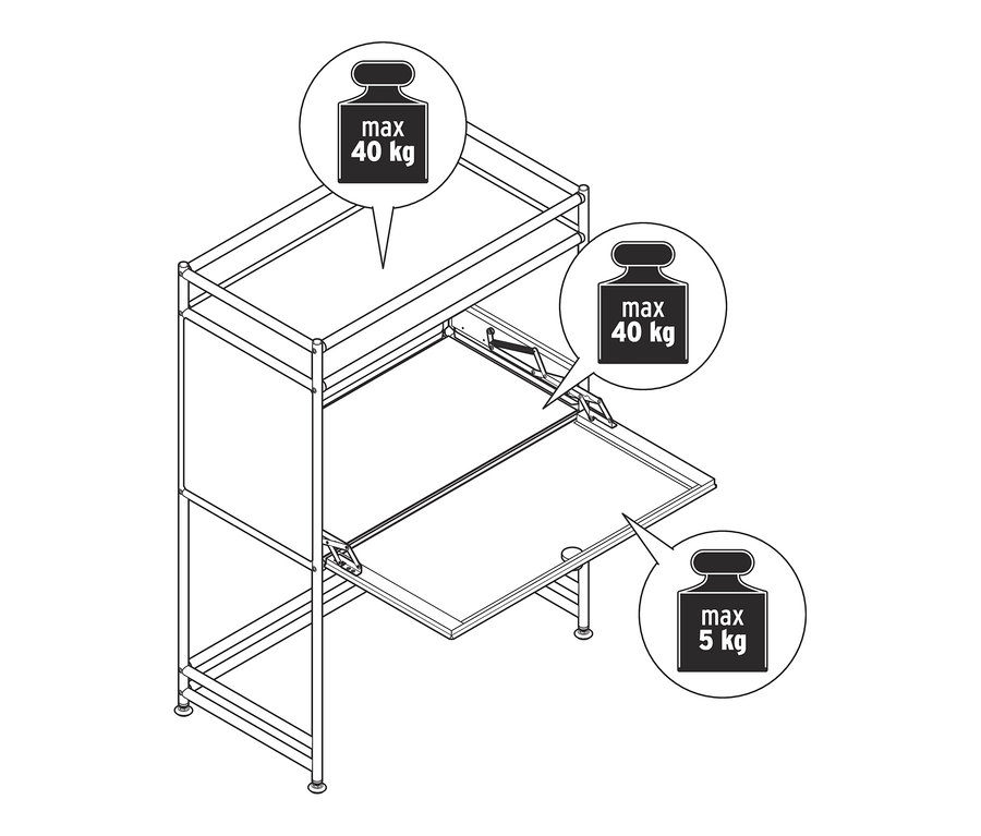 Skizze der grünen Konsole »CN3« mit Klappfach, wobei die obere Ablage eine Tragkraft von 40 kg und das Klappfach eine Tragkraft von 5 kg hat.