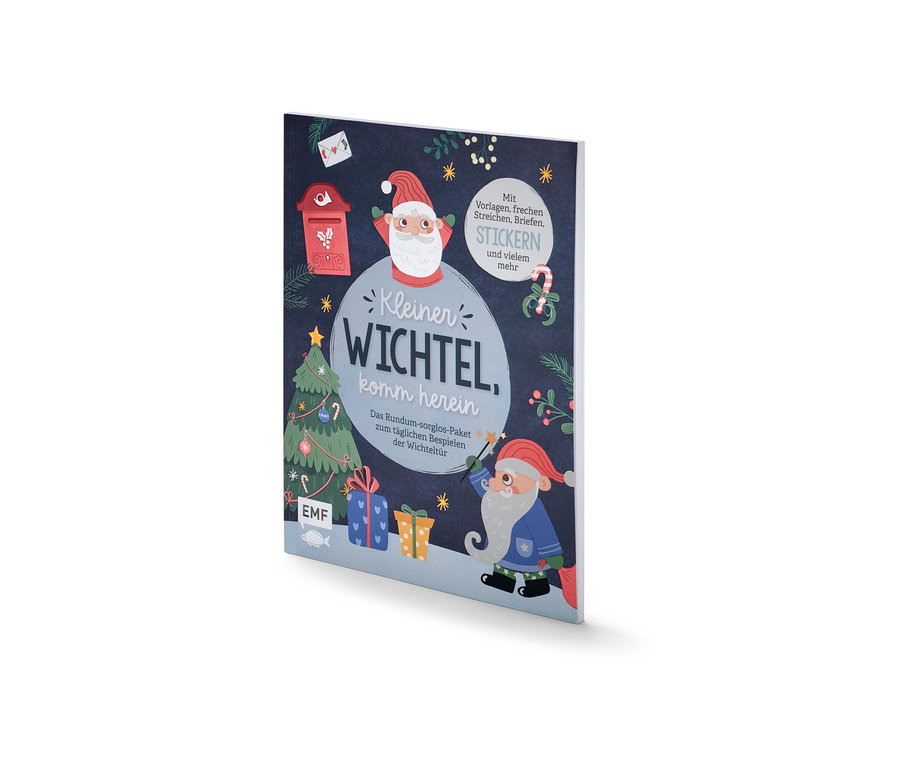 Buch: »Kleiner Wichtel, komm herein« mit Weihnachtsmotiven wie Santa, Baum und Geschenken.