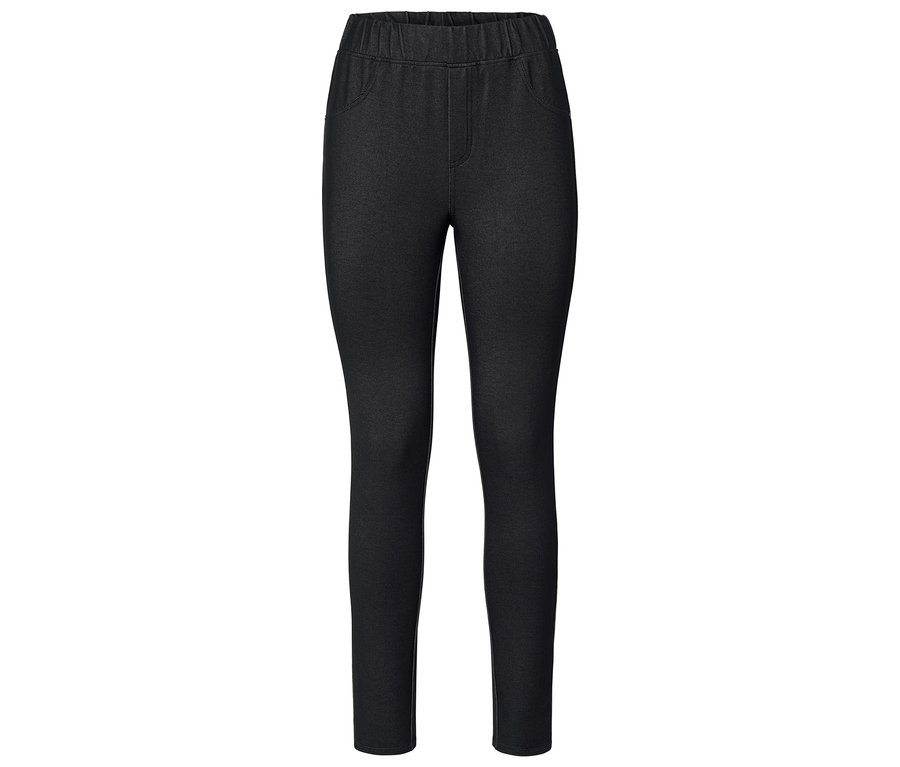 Schwarze Leggings mit elastischem Bund auf weißem Hintergrund.