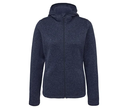 Dunkelblaue Fleecejacke mit Kapuze und Reißverschluss in der Mitte.
