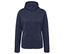 Dunkelblaue Fleecejacke mit Kapuze und Reißverschluss in der Mitte.