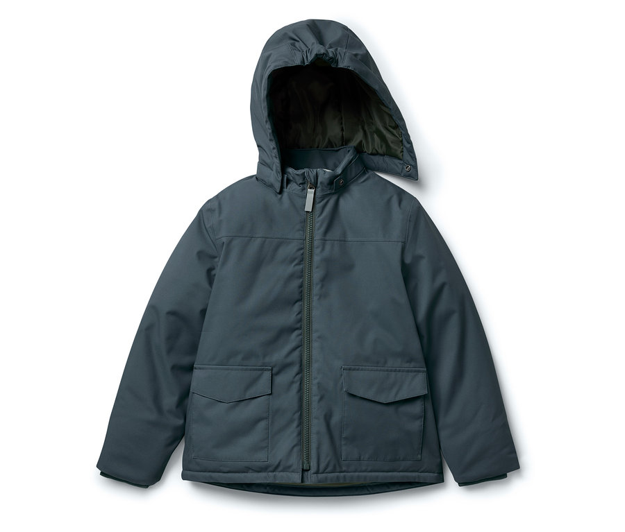 Blaue Jacke mit Kapuze und Reißverschluss in der Mitte.