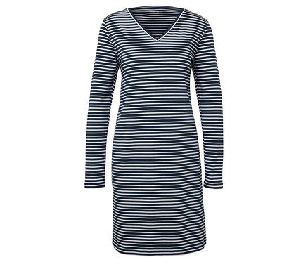 Blau-weiß gestreiftes, langärmeliges Kleid mit V-Ausschnitt.