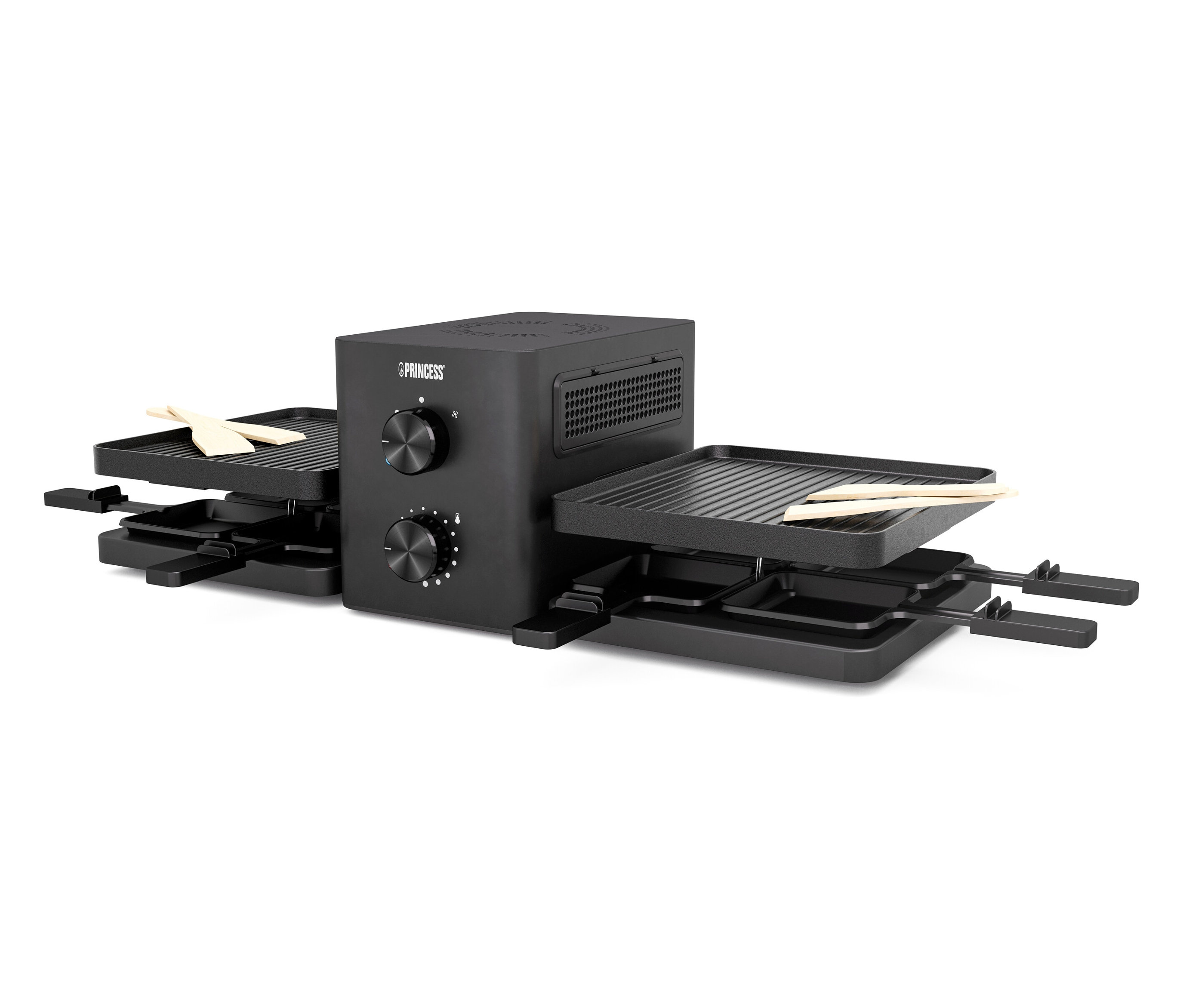 Schwarzer Raclette mit Abzug und acht kleinen Pfännchen.