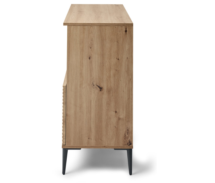 Seitenansicht einer Holzkommode mit dunklen Beinen.