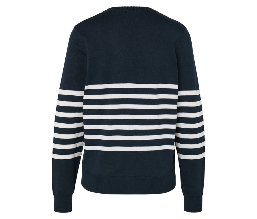 Dunkelblauer Pullover mit weißen Streifen an Ärmeln und Brust.
