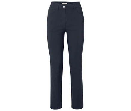 Dunkelblaue Hose mit Knopf.