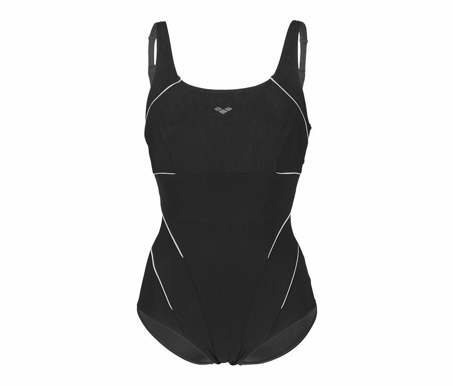 Schwarzer arena Shapewear Damen Badeanzug Jewel R Low C-Cup mit weißen Details.