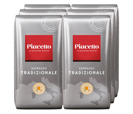 Sechs Packungen Piacetto Tradizionale Espresso à 1 kg ganze Bohne.