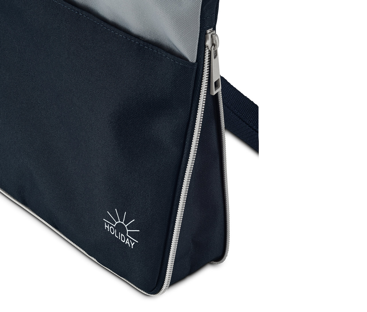 Detailaufnahme einer blau-grauen Sicherheits-Umhängetasche.