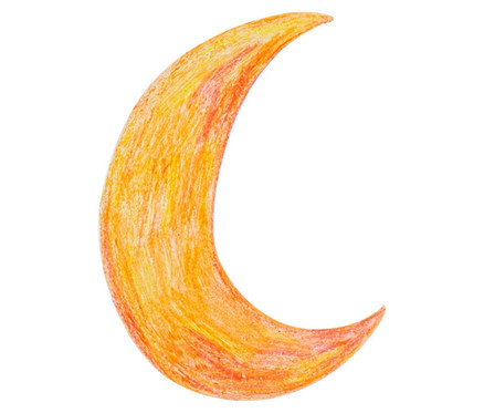 Gelb-orangefarbener Halbmond, gezeichnet mit 6 Konfetti-Wachsmalstiften.