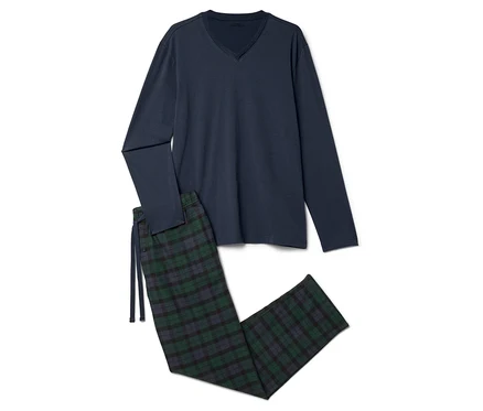 Marineblauer Schlafanzug mit langen Ärmeln und karierte Hose.