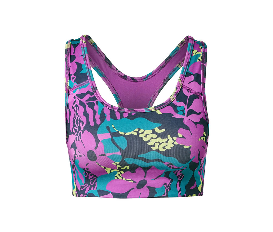 Detailaufnahme eines Sport-Bustiers mit Blumenmuster.
