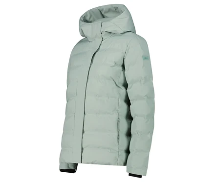 Hellgrüne Daunenjacke mit Kapuze.