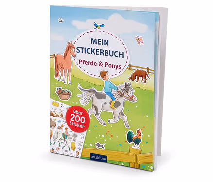 Abbildung eines Stickerbuchs zum Thema Pferde & Ponys. Auf dem Cover ist eine Illustration eines Jungen, der auf einem Pony reitet, eines braunen Pferdes, eines Hundes und anderer Tiere.